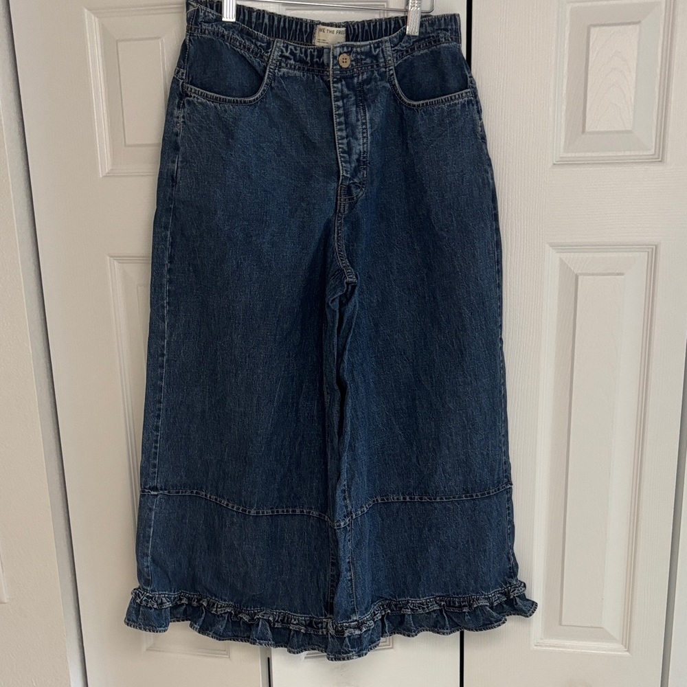 We The Free Dark Blue Ruffle-Hem Wide Leg Jeans